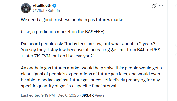 Vitalik Buterin floats gas futures on Ethereum to hedge fee spikes