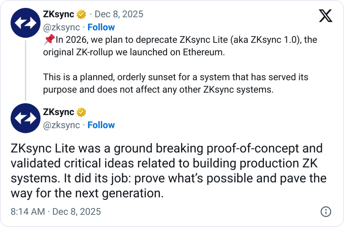 Ethereum’s first ZK-rollup, ZKsync Lite, to be retired in 2026