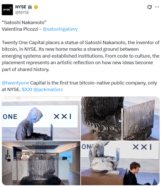 Satoshi Nakamoto statue lands on NYSE in sign of changing times
