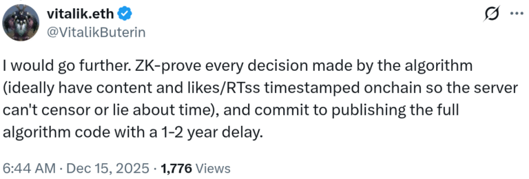 Vitalik Buterin pitches ZK-proofs to audit X algorithm and rankings