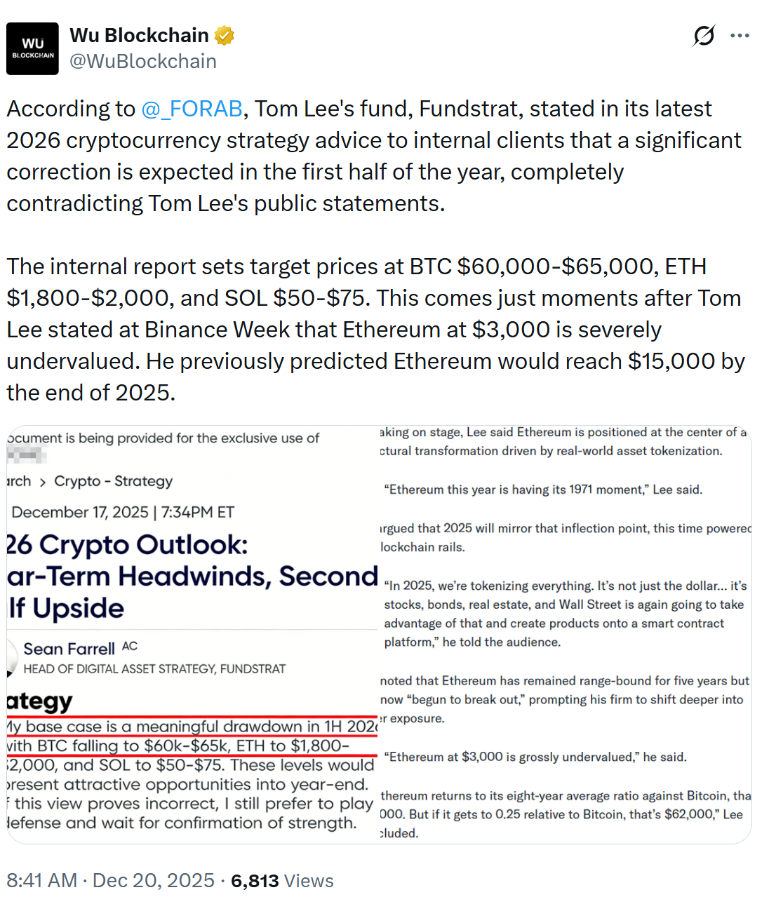 Fundstrat’s circulating 2026 crypto outlook warns of pullback, contrasting Tom Lee