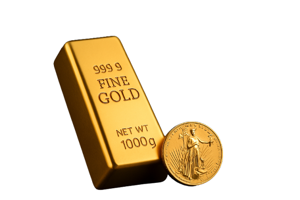 Gold bar and coin