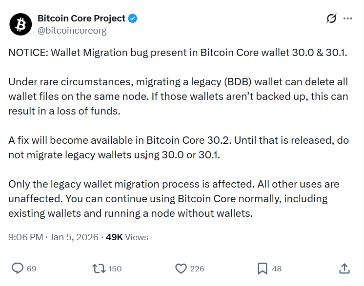Bitcoin Core v30 Bug Can Delete Files When Migrating Legacy Wallets