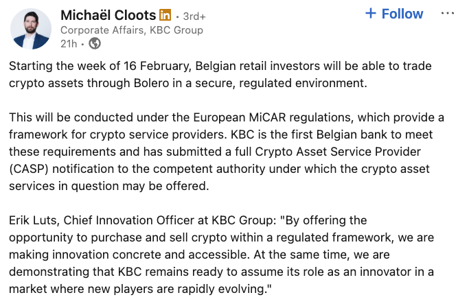 KBC Bank To Launch MiCA-Regulated Crypto Trading in Belgium