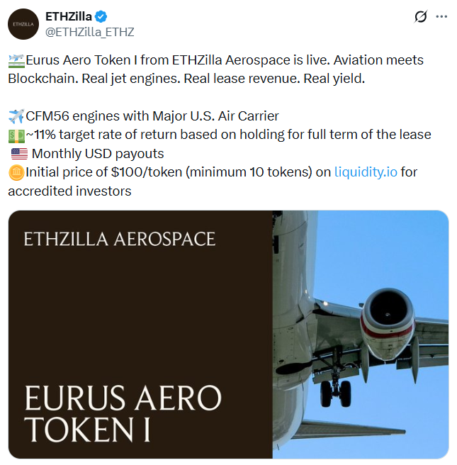 ETHZilla Shifts Strategy With Tokenized Jet Engine Offering