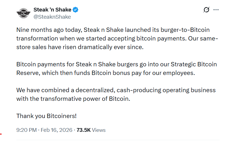 Steak 'n Shake says Bitcoin Push Sent Sales “Dramatically” Higher