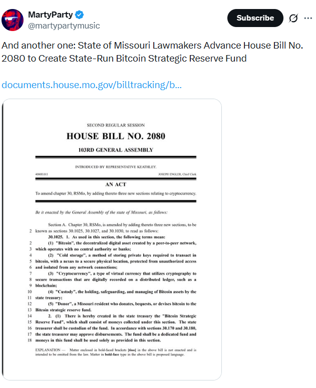 Missouri Lawmakers Advance Bitcoin Reserve Bill