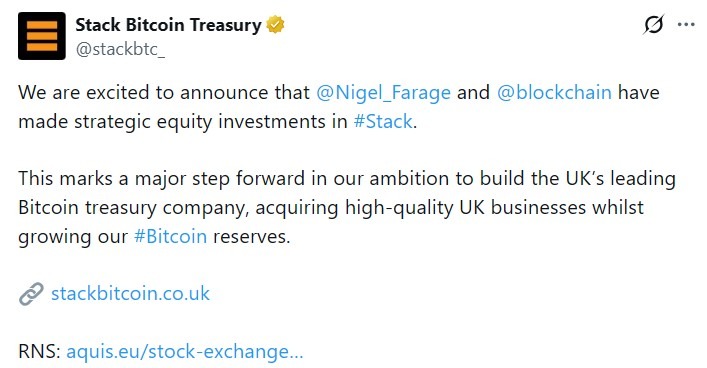 Nigel Farage Invests in Stack BTC as UK Debates Crypto Donations