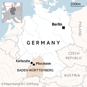Map showing a section of Germany, specifically focusing on the state of Baden-Württemberg. It highlights the cities of Karlsruhe and Pforzheim