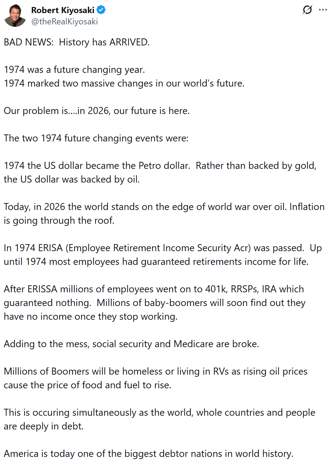 Kiyosaki Says 1974 Shift Drives Debt Crisis, Backs Bitcoin and gold