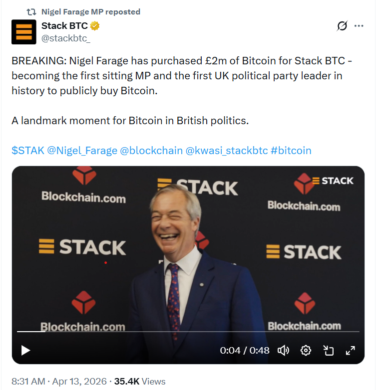 Nigel Farage-Backed Stack BTC Buys £2M in Bitcoin