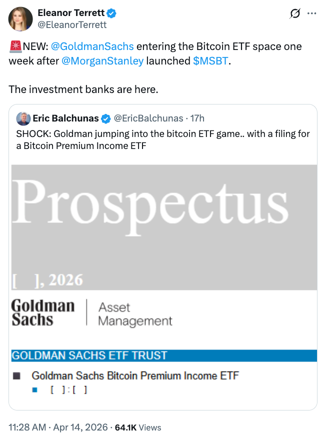 Spot Bitcoin ETFs Gain $411M as Goldman Files ETF Plan