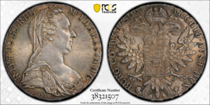 PCGS TrueView of the 1780 Maria Theresa Thaler silver coin showing the Empress portrait obverse and imperial double-headed eagle reverse, certified authentic