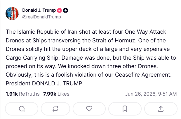 US President Trump: Iran broke the ceasefire with Hormuz drone strike