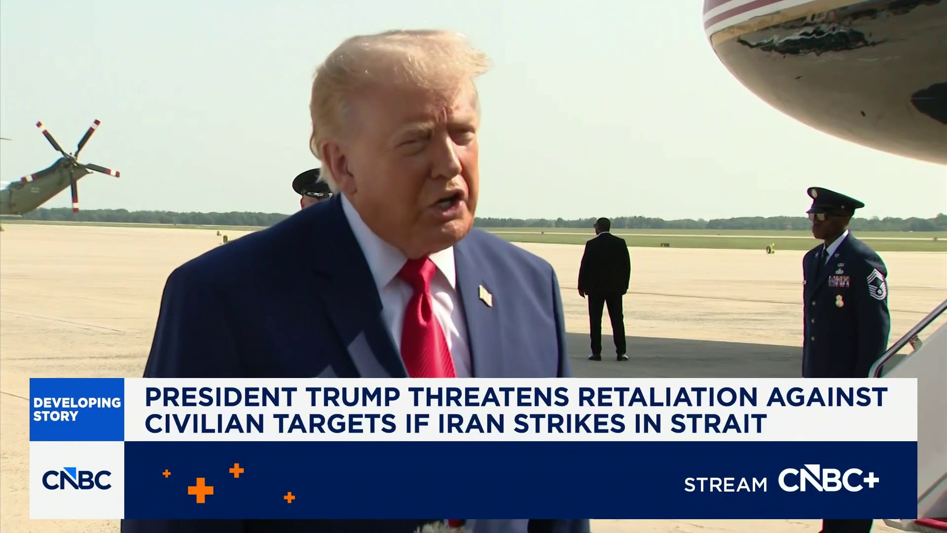 President Trump threatens retaliation against civilian targets if Iran strikes in Strait