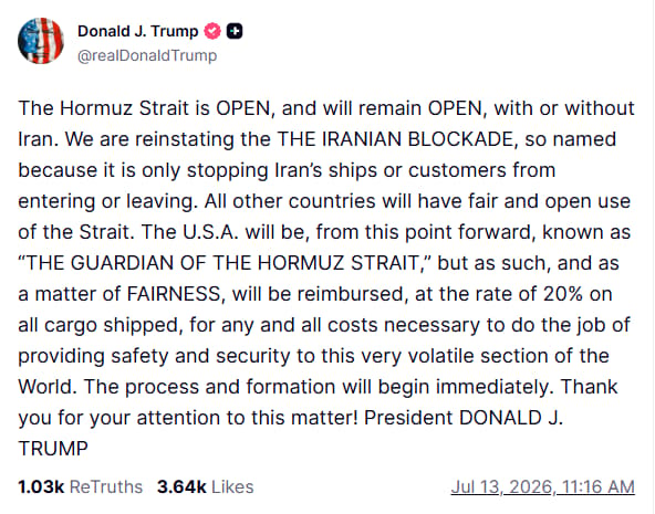 President Trump declares US ‘Guardian of the Hormuz Strait’