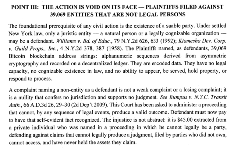 Defendant Files to Dismiss New York Lawsuit Seeking Ownership of 39,069 Bitcoin Wallets