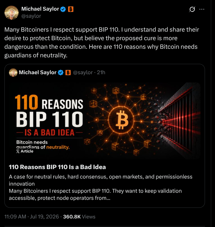 Strategy’s Michael Saylor Pounds Away at “Bad Idea” BIP-110