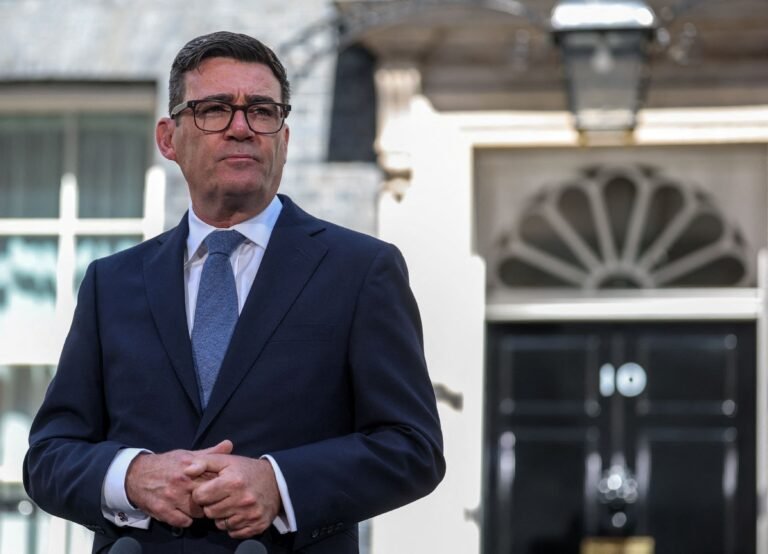 Britain's newly appointed Prime Minister Andy Burnham looks on as he delivers a speech outside 10 Downing Street after taking office, in London, Britain, July 20, 2026.