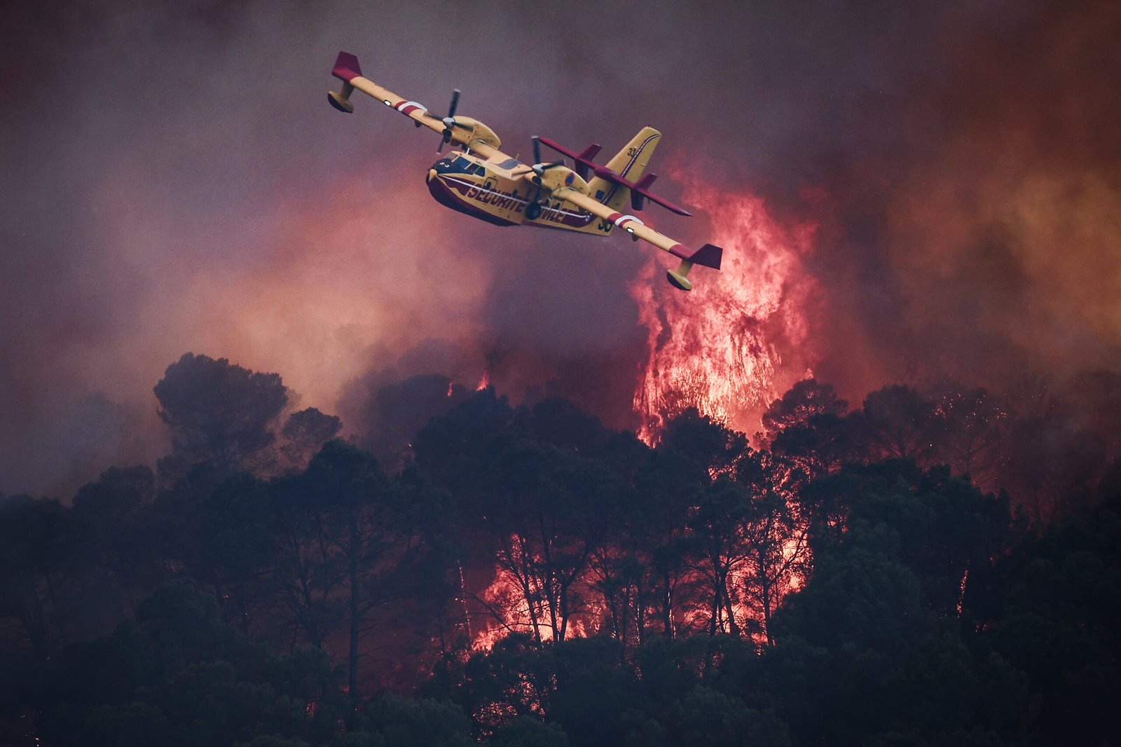 A French Civil Security Canadair CL-415 aircraft flies past flames burning a forest surrounding Cotignac, southeastern France on July 23, 2026 during a wildfire.