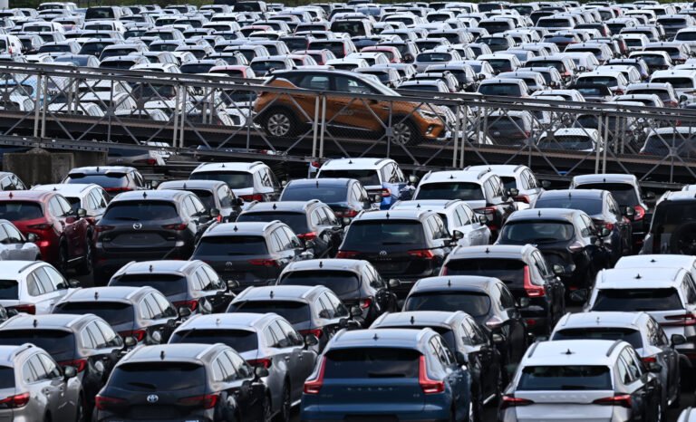 New cars of various brands are parked for export on the parking of a car terminal at the harbour of Duisburg, western Germany, on August 7, 2024.