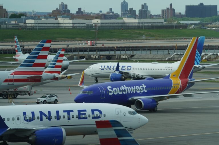 Planes of United Airlines, Southwest Airlines and American Airlines are seen at LaGuardia Airport in New York, the United States, on April 23, 2026.