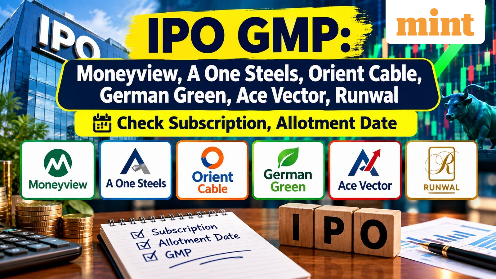 IPO GMP: Moneyview, A One Steels, Orient Cable, German Green, Ace Vector, Runwal - check subscription, allotment date