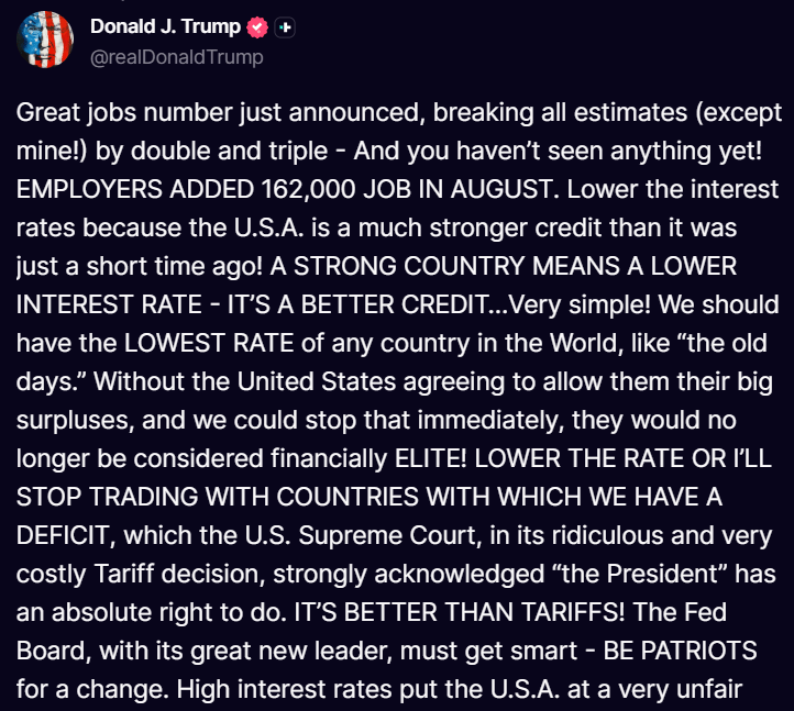 Trump post on rates and employment data