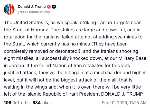 US President Trump says US striking Iranian targets near Hormuz