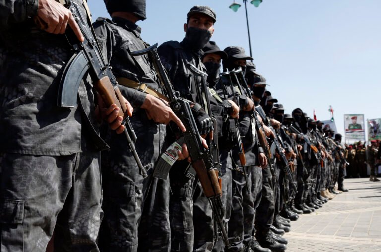 SANA'A, YEMEN - DECEMBER 03: Members of the Houthi-run Military Special Forces guard during a funeral procession of Houthi fighters at Al-Sha'ab Mosque on December 03, 2023 in Sana'a, Yemen. (Photo by Mohammed Hamoud/Getty Images)