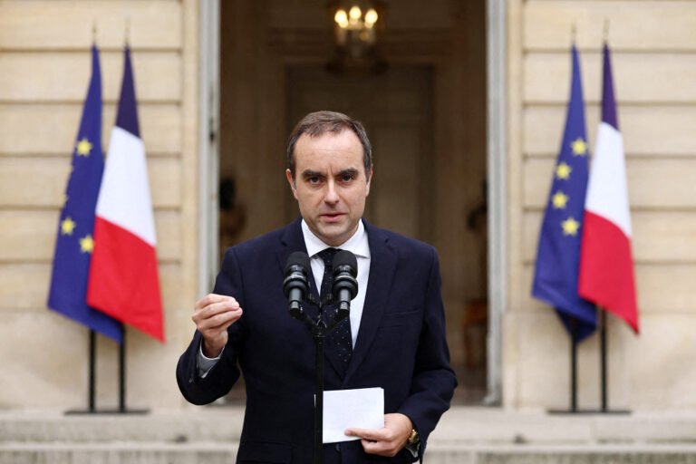 Outgoing French Prime Minister Sebastien Lecornu delivers a statement at the Hotel Matignon in Paris, on Oct. 6, 2025.