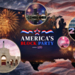 Promotional poster for America's Block Party national celebration showing fireworks displays across a map of the United States alongside the America250 logo and images of venues including the Los Angeles Memorial Coliseum.