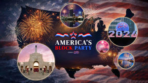 Promotional poster for America's Block Party national celebration showing fireworks displays across a map of the United States alongside the America250 logo and images of venues including the Los Angeles Memorial Coliseum.