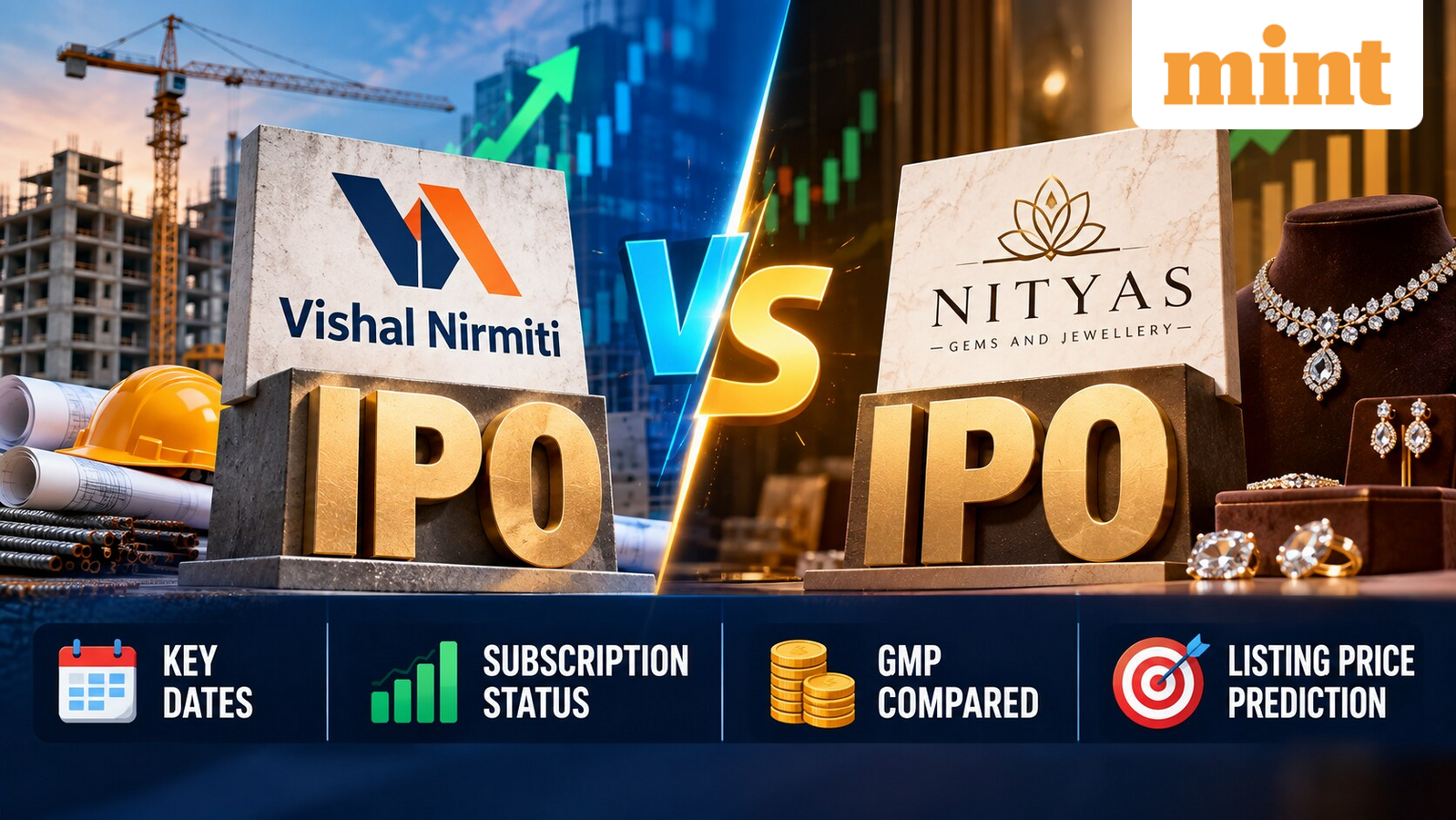 IPO GMP compared: Vishal Nirmiti vs Nityas Gems and Jewellery - Key dates, subscription status, listing price prediction