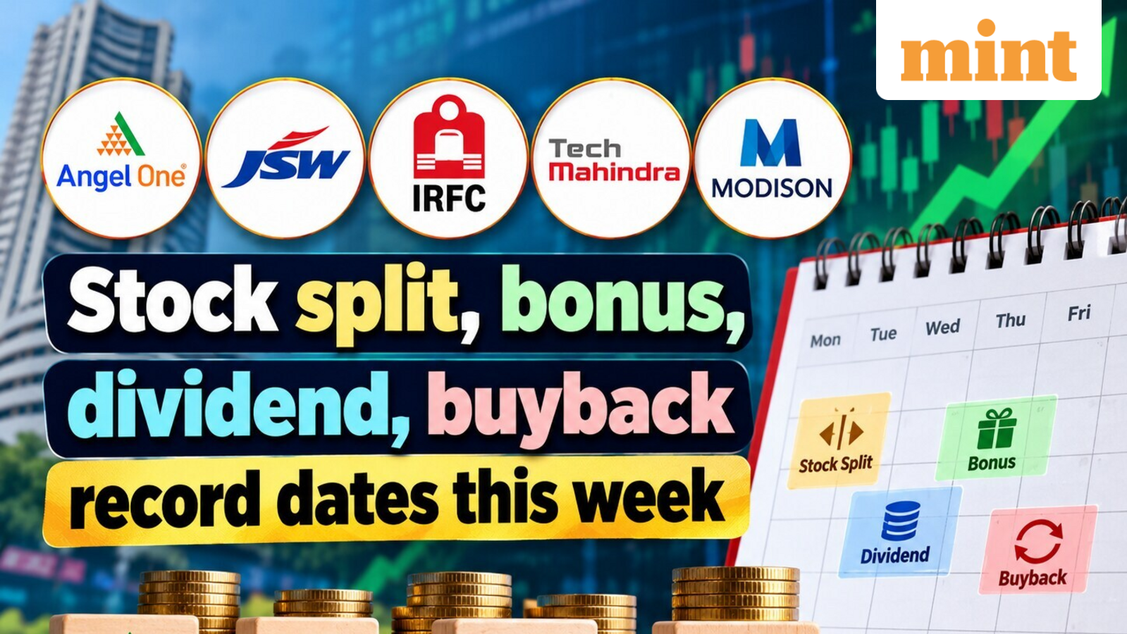 Stock split, bonus, dividend, buyback record date in 19-25Oct week: Angel One, JSW, IRFC, Tech Mahindra, Modison, others