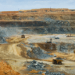South African open-pit mine with heavy haul trucks and drilling rigs extracting ore from terraced rock walls