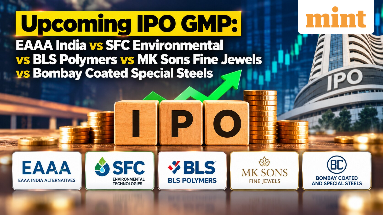 Upcoming IPO GMP: EAAA India vs SFC Environmental vs BLS Polymers vs MK Sons Fine Jewels vs Bombay Coated Special Steels
