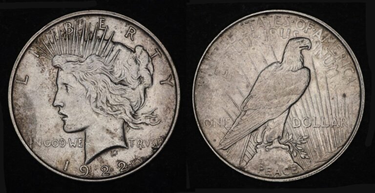 Obverse and reverse of a 1922-D Peace silver dollar, showing Liberty in left profile with a radiate crown and the eagle at rest on a rock