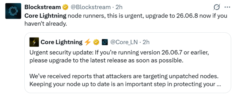 Core Lightning Warns of Attacks on Unpatched Nodes
