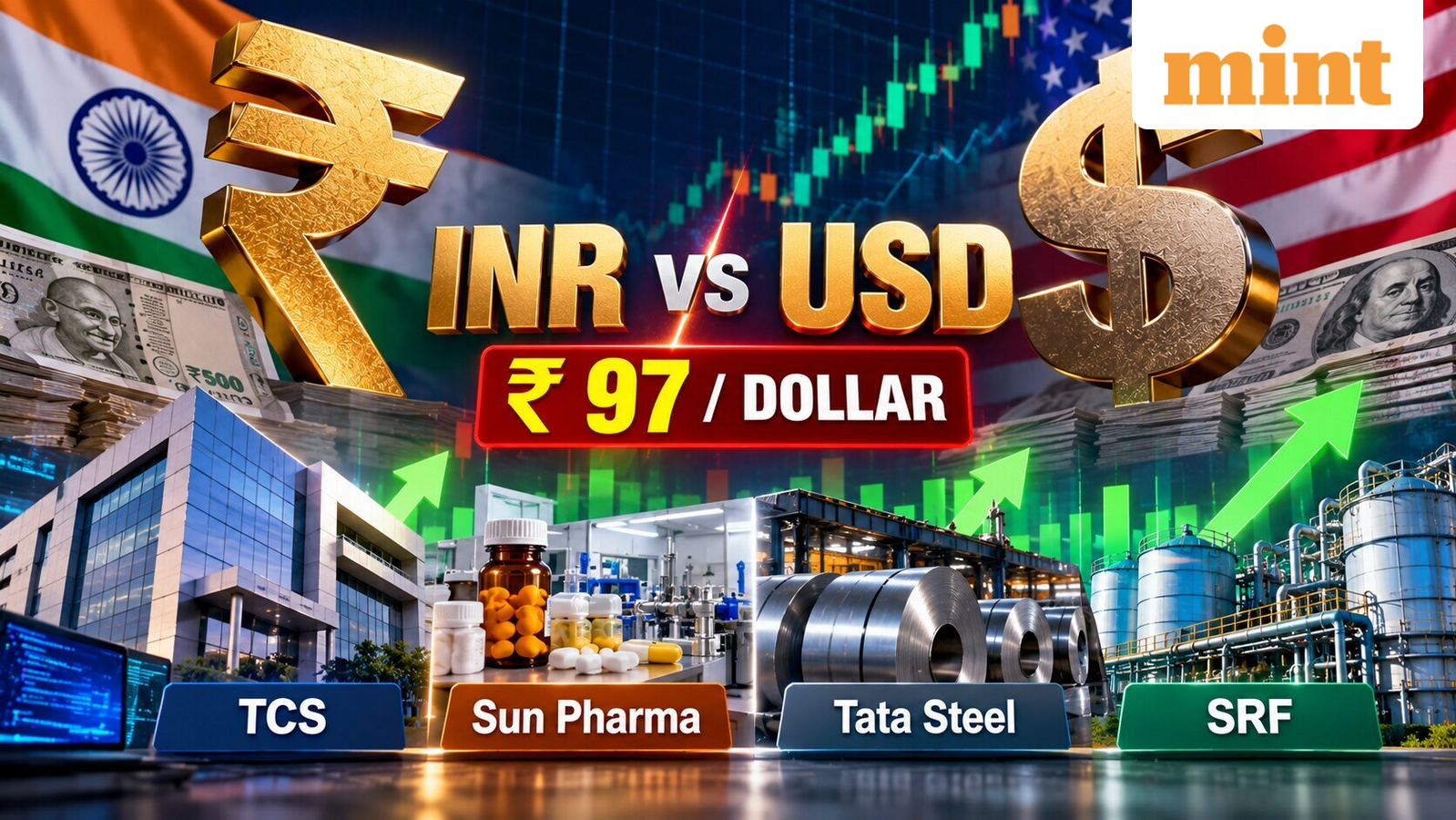INR vs USD: Rupee near 97/dollar; how TCS, Sun Pharma, Tata Steel, SRF may gain from weaker currency? Experts explain
